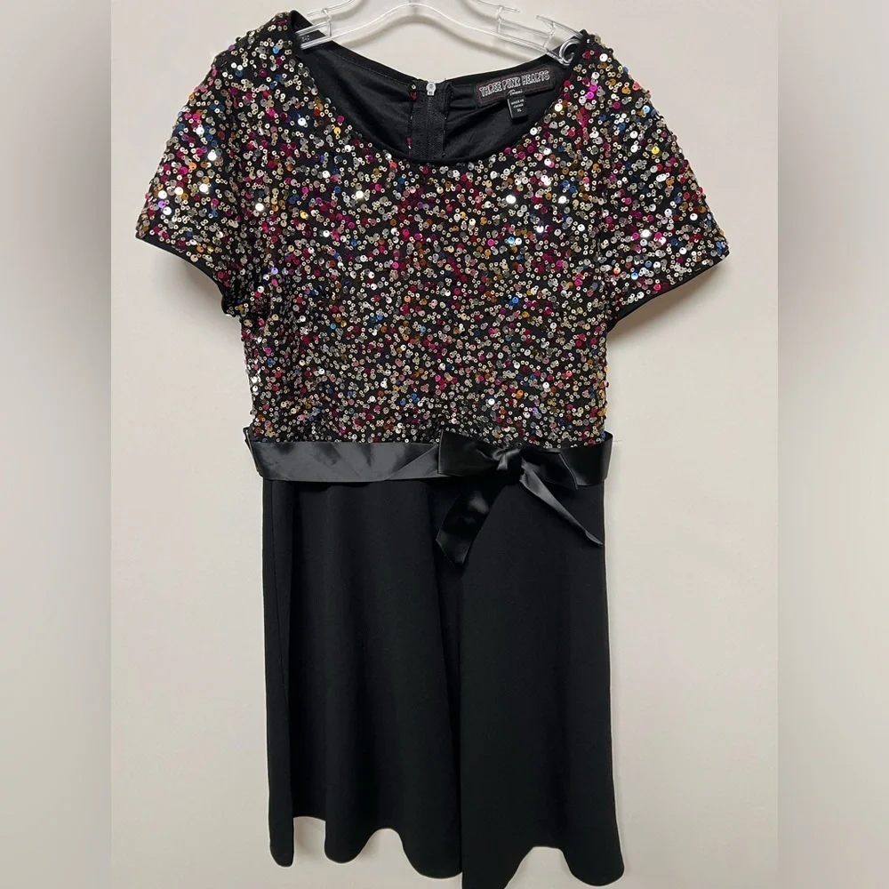 THREE PINK  HEARTS  BLACK W/MULTI-COLORED SEQUINS HOLIDAY OR PARTY DRESS.  XL